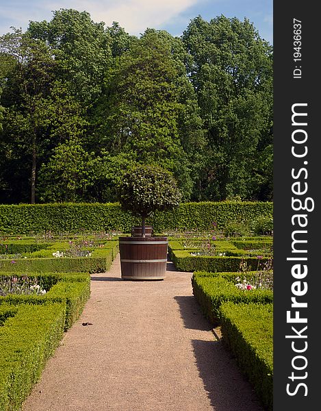 Garden with decorative orange tree in terracotta pot Benrathshloss, DÃ¼sseldorf, Germany. Garden with decorative orange tree in terracotta pot Benrathshloss, DÃ¼sseldorf, Germany.