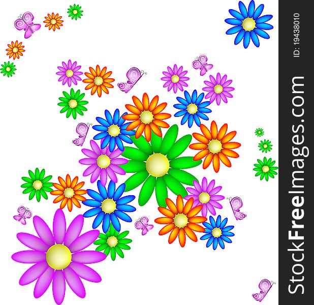 Background with daisies and colorful butterflies, a symbol of spring. Background with daisies and colorful butterflies, a symbol of spring