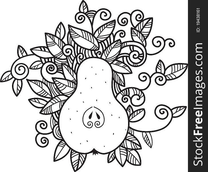 Hand made illustration of decorative pear with leaves and patterns