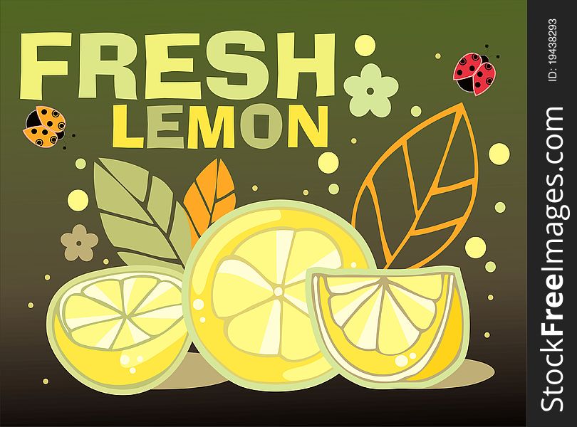 Fresh cut lemon with ladybugs on a dark background. Fresh cut lemon with ladybugs on a dark background