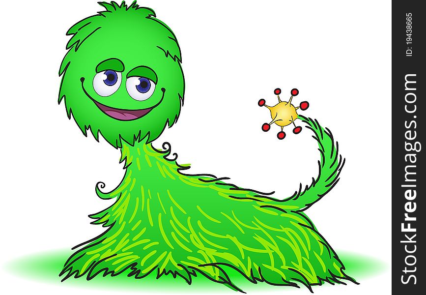 Cute fluffy green creature and yellow tail. Cute fluffy green creature and yellow tail