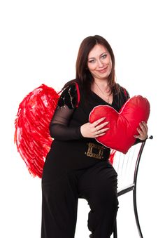 Beautiful Woman With Red Heart In Red Angel Wings Royalty Free Stock Photos