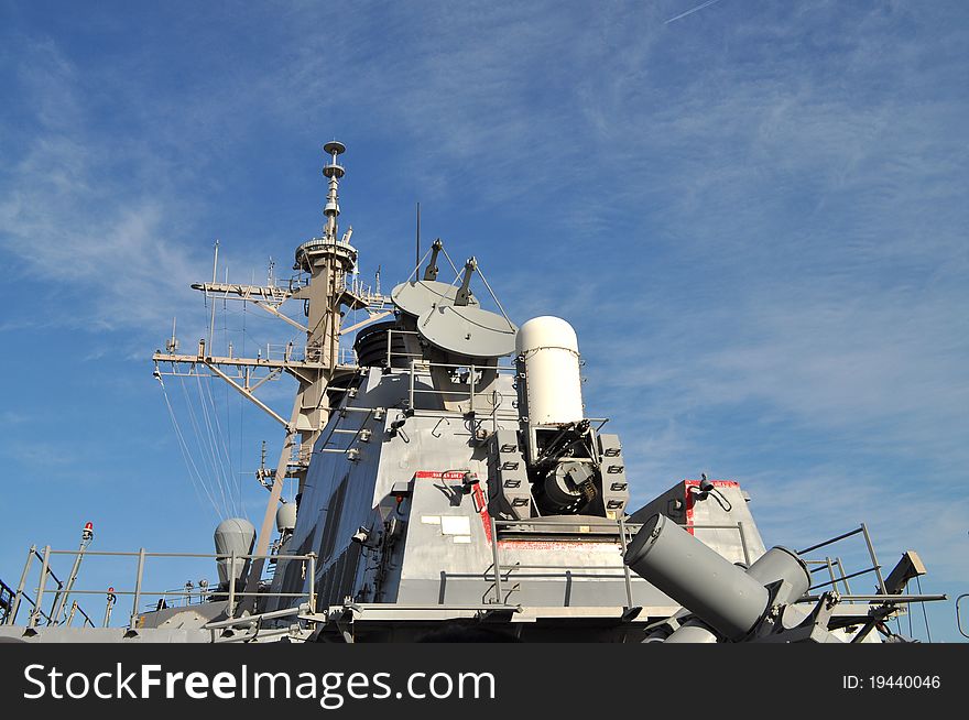 American battleship on blue sky background. American battleship on blue sky background