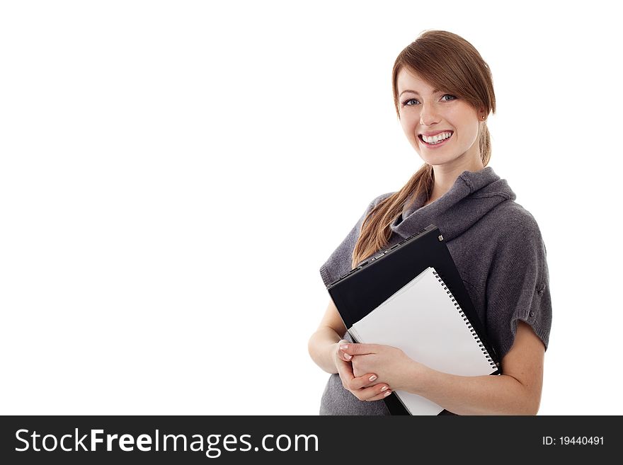 Beautiful student with laptop isolated