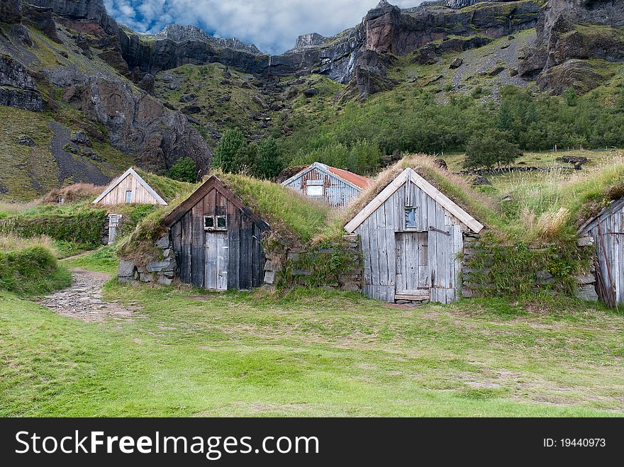 Wooden houses with grass on top in Iceland. Wooden houses with grass on top in Iceland