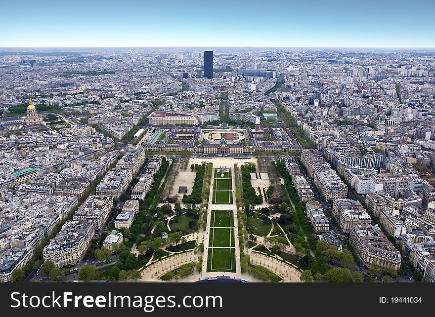 Paris from a height. Field of Mars. View from the Eiffel Tower.