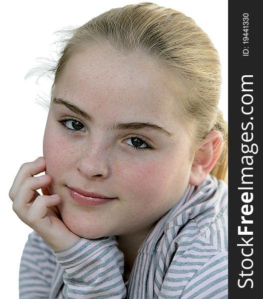 Blond girl pondered face on a white background