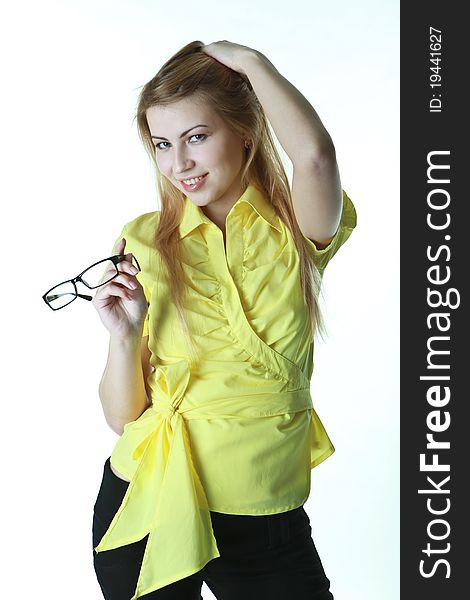 Funny girl in office clothes, in a graceful pose. Funny girl in office clothes, in a graceful pose