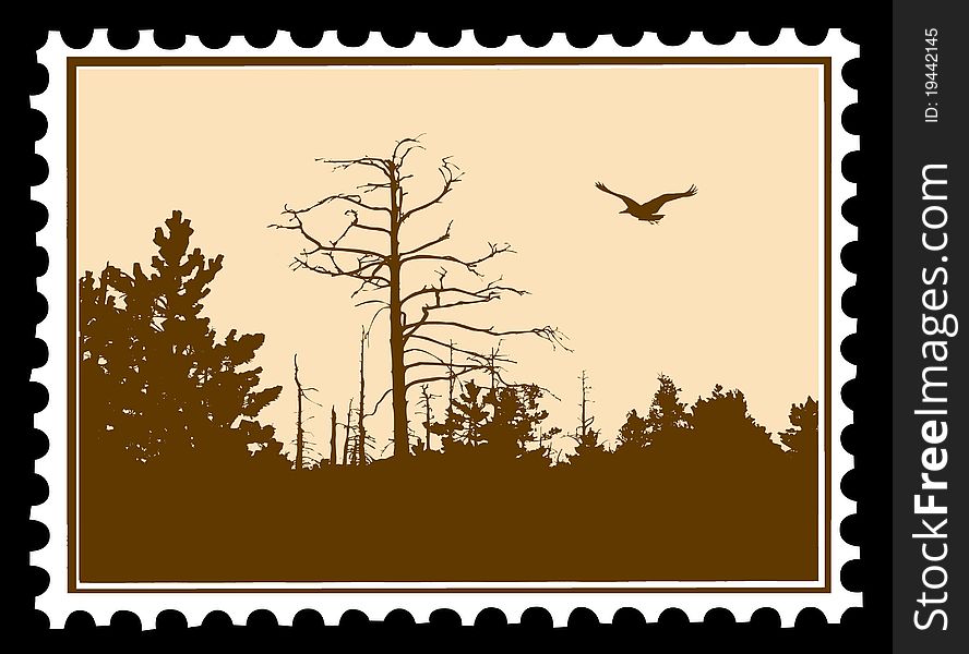 Vector silhouette of the bird on postage stamps