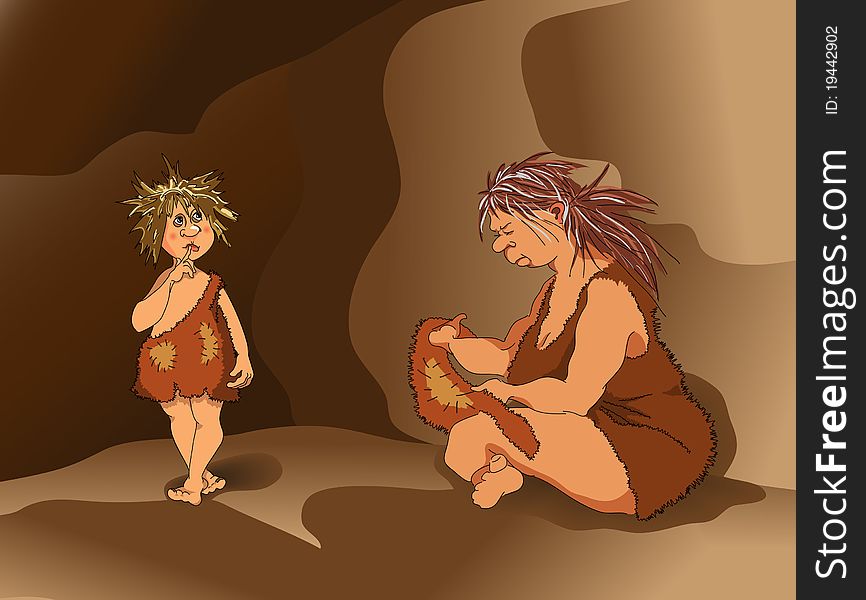 Primitive boy and a woman in the cave. Primitive boy and a woman in the cave