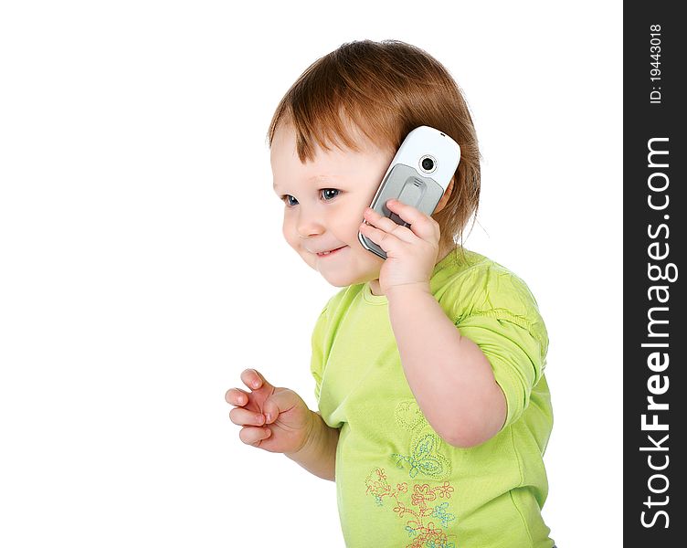 Surprised little girl with  phone isolated