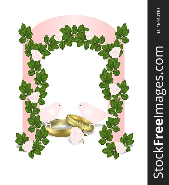 Wedding background with arch and wreath of pink roses , wedding rings and 2 doves, vector format. Wedding background with arch and wreath of pink roses , wedding rings and 2 doves, vector format