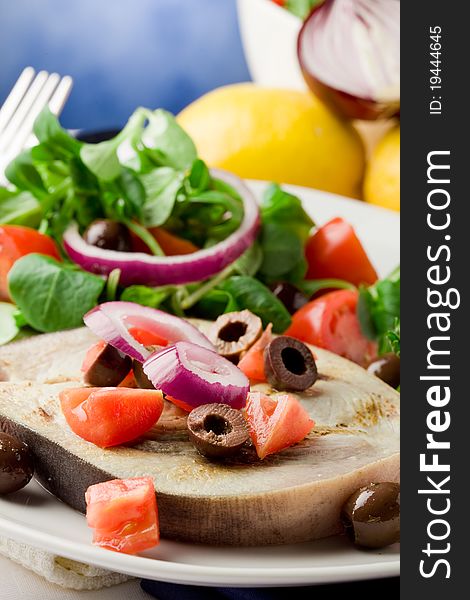 Grilled swordfish with mixed salad on white towel in front of blue background