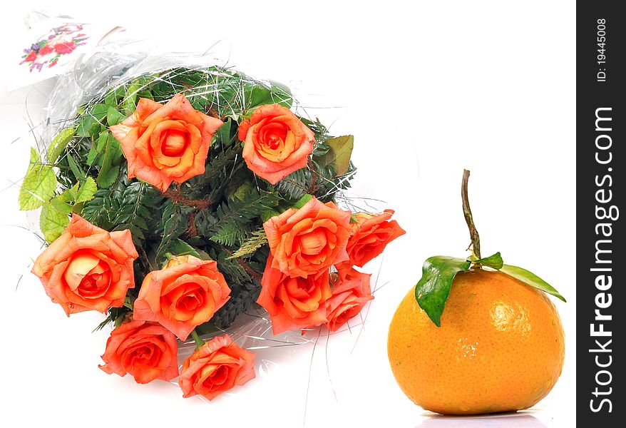 Flower bouquet with orange fruit isolated on white background. Flower bouquet with orange fruit isolated on white background.