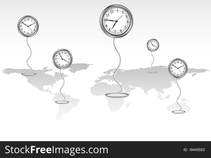 Illustration of clock showing different time standing on world map. Illustration of clock showing different time standing on world map