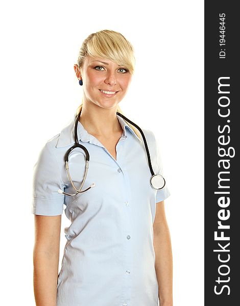 Closeup of an attractive young woman doctor with a smile. Closeup of an attractive young woman doctor with a smile