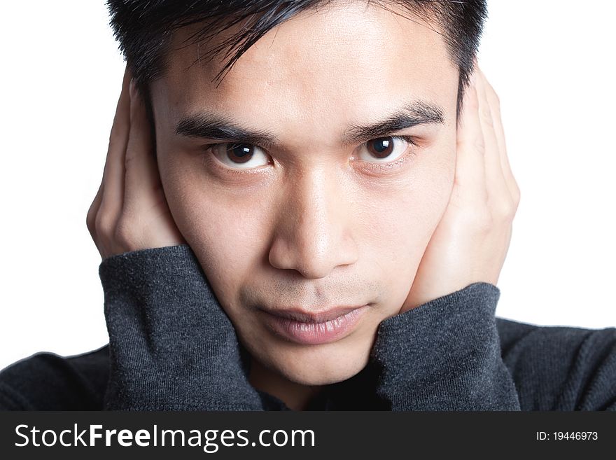 Man covering his ears, mouth and eyes on white background. Man covering his ears, mouth and eyes on white background