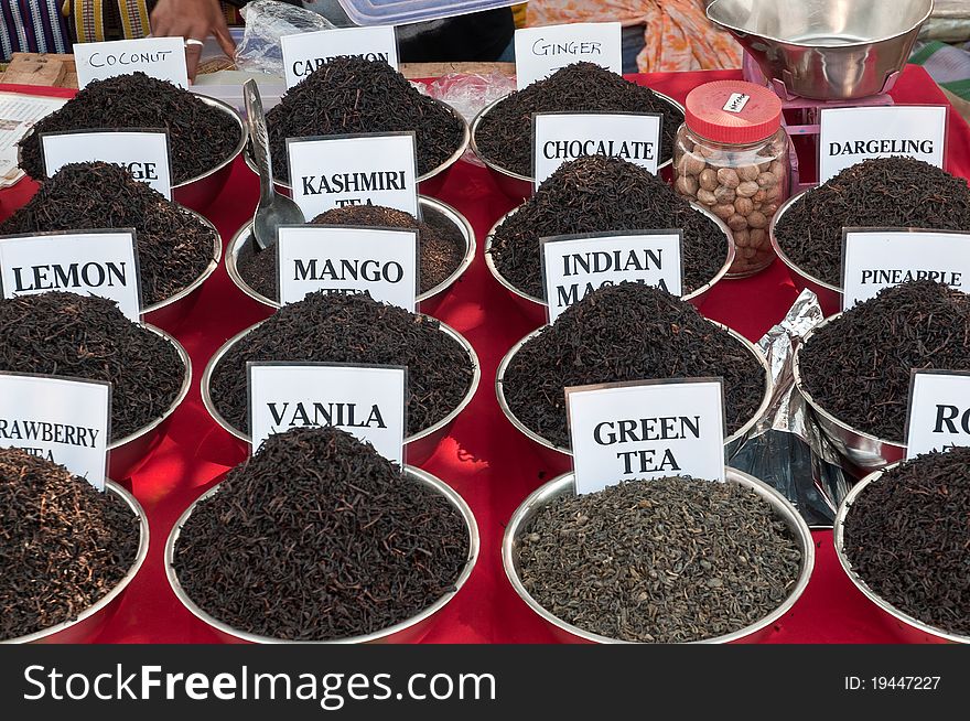 A variety of Teas on sale at the Anjuna Flea Market in Goa, India. The Market is open every wednesday and it is a major tourist attraction. A variety of Teas on sale at the Anjuna Flea Market in Goa, India. The Market is open every wednesday and it is a major tourist attraction.