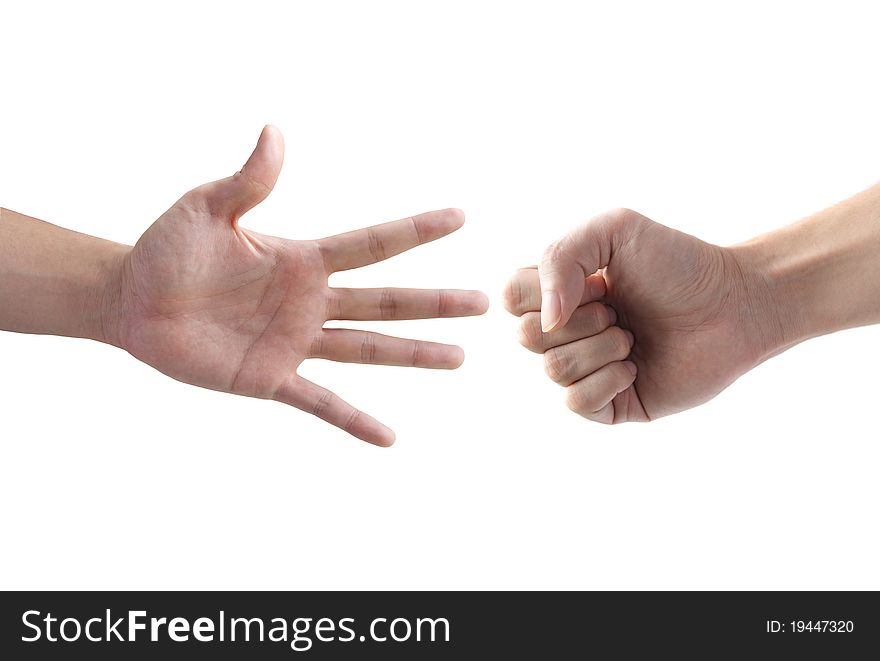 The fighting of two hand with rock and paper symbol isolated