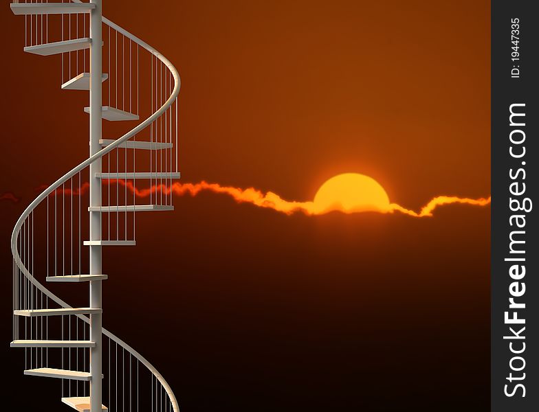 Spiral stairway in a dramatic sunset lighting with clouds and sun. Spiral stairway in a dramatic sunset lighting with clouds and sun