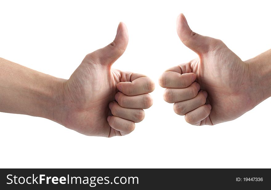 Two male hands showing thumbs up sign against