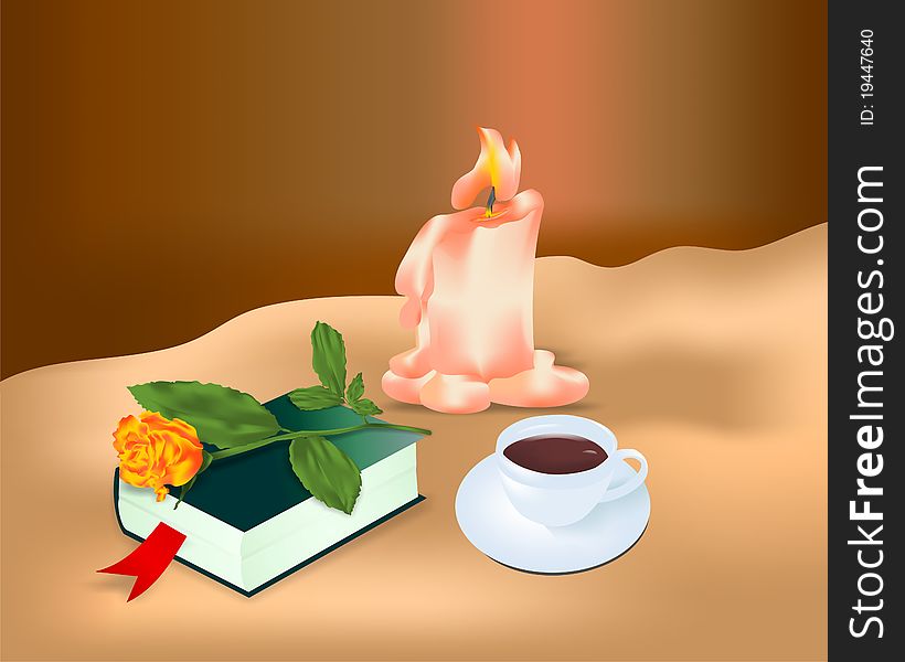 Meditation atmosphere with book and rose laying on it, lighted candle and cup of coffee, vector format. Meditation atmosphere with book and rose laying on it, lighted candle and cup of coffee, vector format