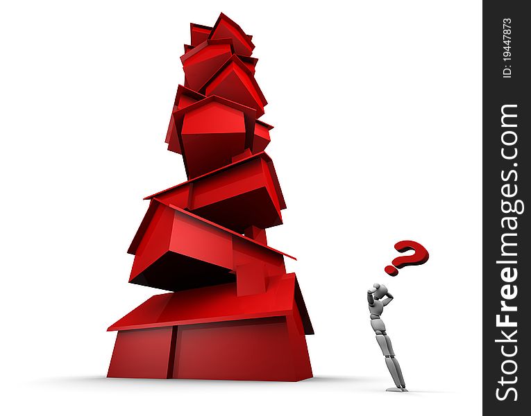 Super high resolution 3D illustration of mannequin staring at tall stack of red houses with question mark overhead. Super high resolution 3D illustration of mannequin staring at tall stack of red houses with question mark overhead.