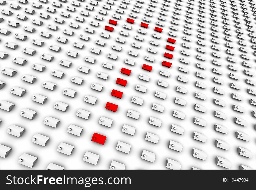 High resolution 3D raytrace of houses, red question mark in the center. High resolution 3D raytrace of houses, red question mark in the center.