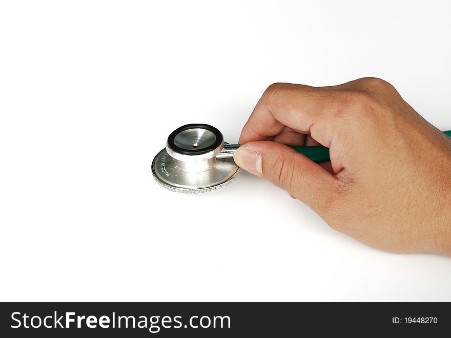 Doctor hand with stethoscope isolated on white background