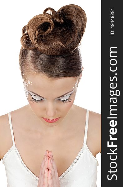 Portrait of beautiful girl bride with coiffure and make up on white. Portrait of beautiful girl bride with coiffure and make up on white
