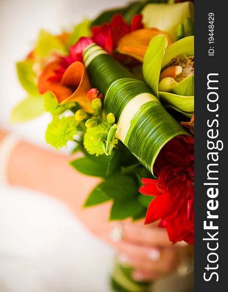 A closeup of a bright wedding bouquet