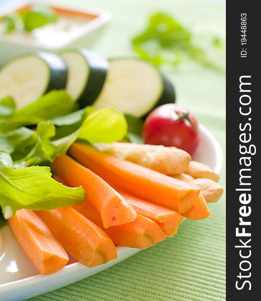 Platter of assorted fresh vegetables with dip. Platter of assorted fresh vegetables with dip