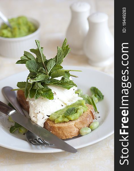 Toasted bread with buffallo mozzarella, mushy peas and broad beans