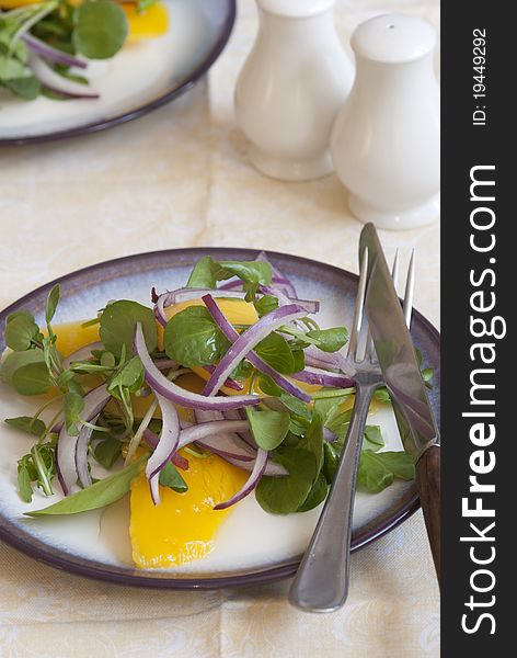 Mango and bacon salad with watercress and onions on a plate