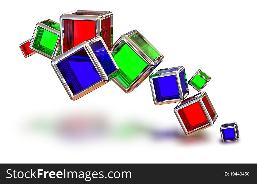 Red, blue and green glass cubes in a metal frame