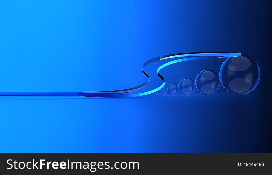 Glass beads of various sizes under the curved decorative glass on a blue background. Glass beads of various sizes under the curved decorative glass on a blue background