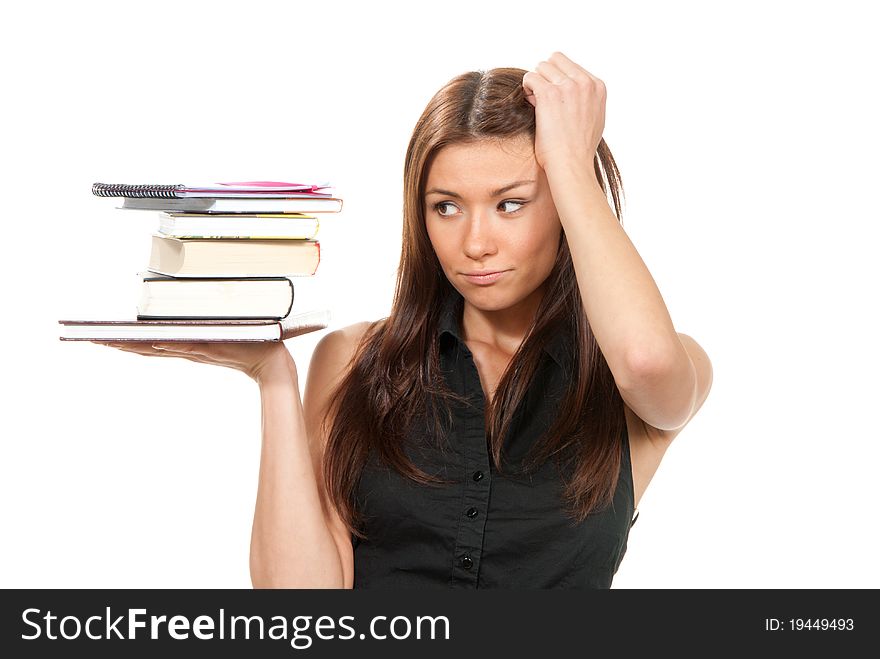 Brunette woman student hold books, textbooks, notebook, homework study assignment isolated on white background