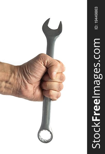 Male hand with wrench on white background