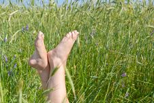 Woman Two Legs In Green Grass Field Under Blue Sky Royalty Free Stock Photo Woman Two Legs In Green Grass Field Under Blue Sky Royalty Free Stock Photo