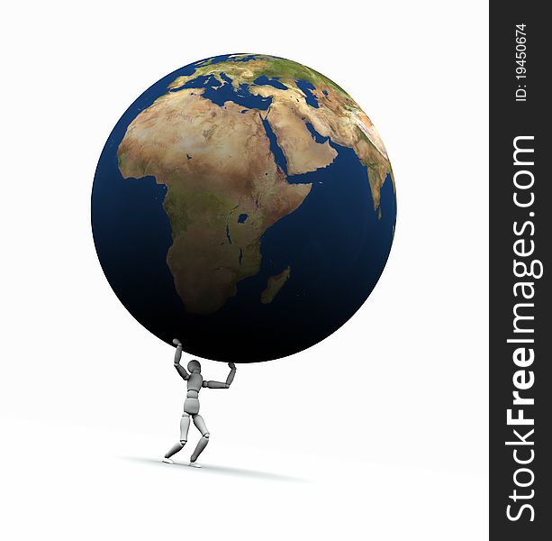 High resolution raytraced 3D render of Earth globe being lifted by a mannequin. This is the Europe version. High resolution raytraced 3D render of Earth globe being lifted by a mannequin. This is the Europe version.