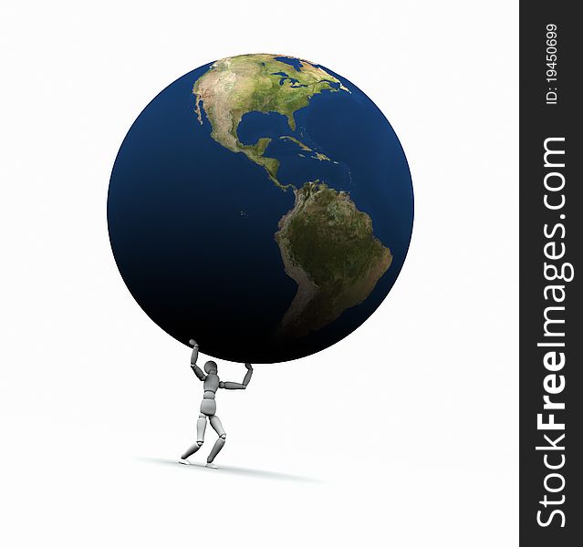 High resolution raytraced 3D render of Earth globe being lifted by a mannequin. This is the Americas version. High resolution raytraced 3D render of Earth globe being lifted by a mannequin. This is the Americas version.