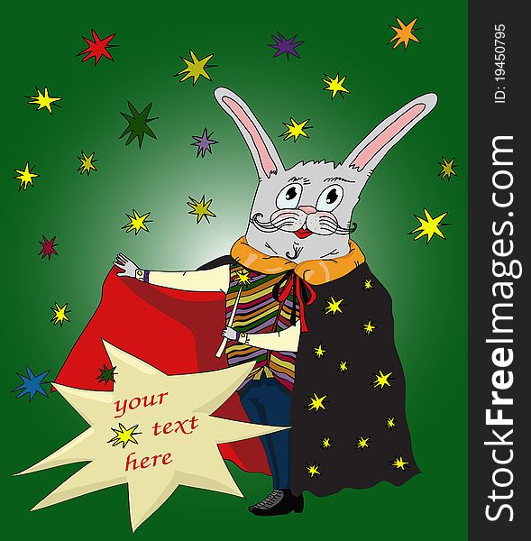 Cartoon magic rabbit in a black raincoat of the conjurer with stars, a striped vest and a magic wand against stars with place for your text. Cartoon magic rabbit in a black raincoat of the conjurer with stars, a striped vest and a magic wand against stars with place for your text