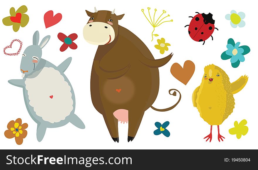 The animals living on a farm, and also decorative elements, such as flowers, hearts and Ladybird. The animals living on a farm, and also decorative elements, such as flowers, hearts and Ladybird.