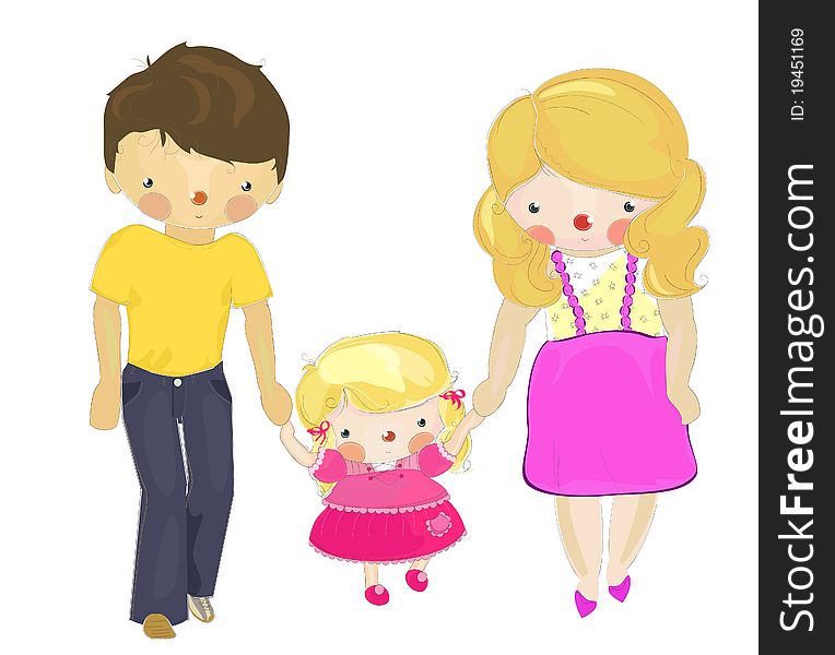 A happy family: father, mother, daughter, cartoon illustration. A happy family: father, mother, daughter, cartoon illustration