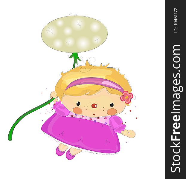 An illustration of a little girl flying on a dandelion flower isolated on white. An illustration of a little girl flying on a dandelion flower isolated on white