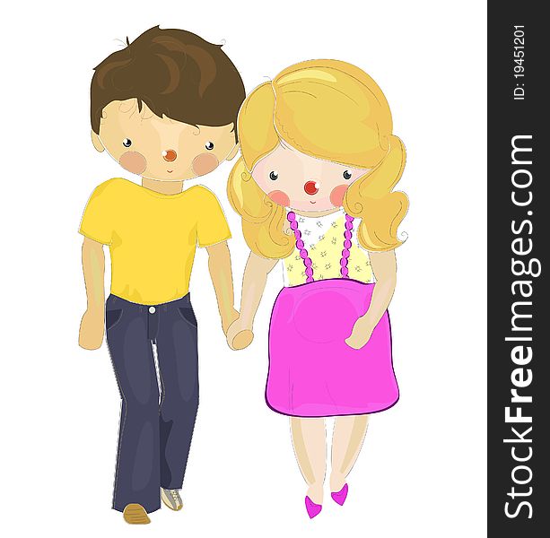 A happy pregnant couple waiting for a baby, cartoon illustration