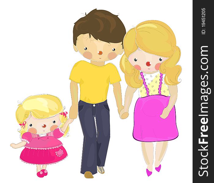 A dad and a pregnant mom with a little daughter, cartoon illustration