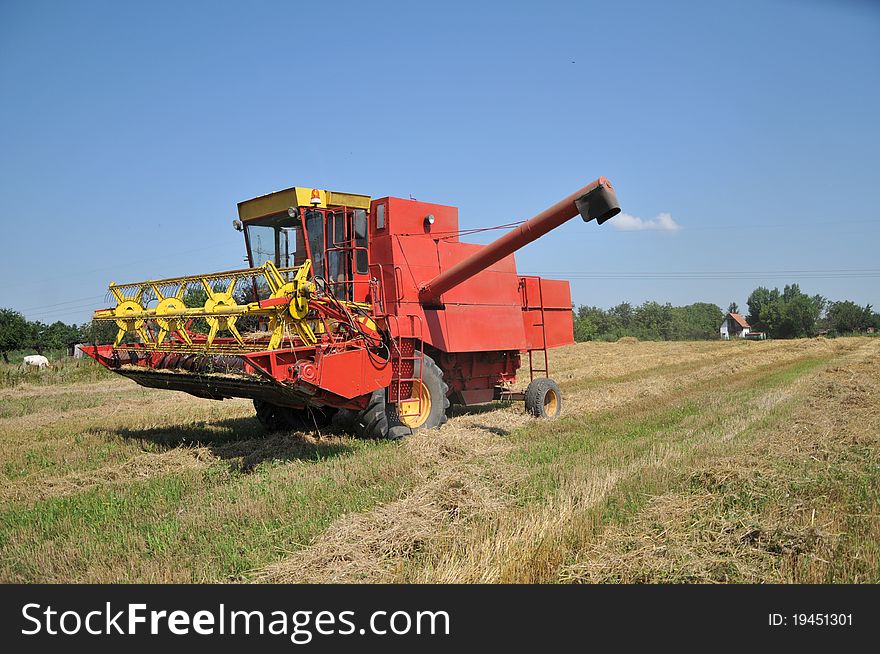 Combine working on a wheat field