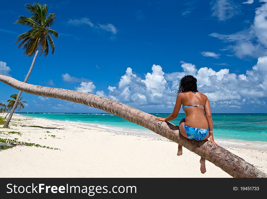 Tanned Woman Sitting On A Palm White Sand Beach