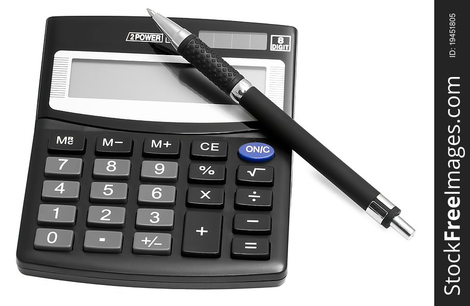 Black calculator with pen isolated on white